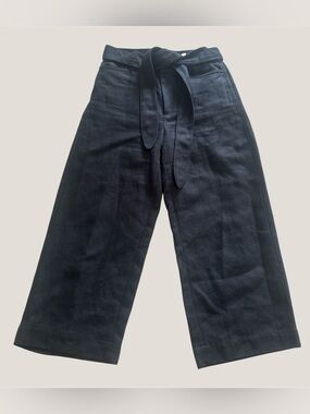 Vince • black crop wide leg high rise belted pants linen cotton blend sz 4